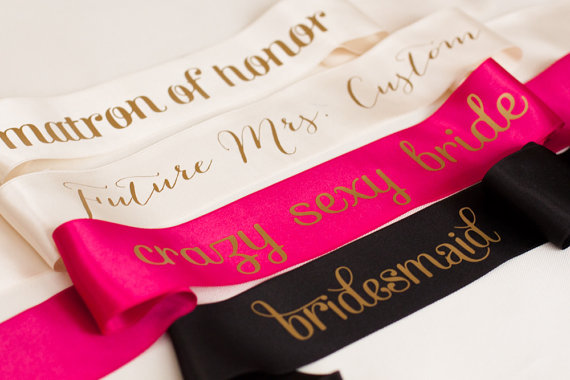 Wedding - Custom Bachelorette Sash - Bride To Be Sash - with gold, black, white, pink, teal/turquoise text