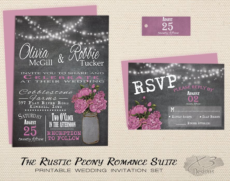 Mariage - Mason Jar Rustic Wedding Invitation Set, Printable Chalkboard County Wedding Invite, Pink Peony, String Lights, DIY Summer Backyard Wedding