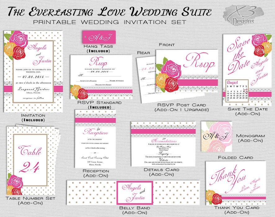 Wedding - Printable Rustic Wedding Invitation, Summer Floral Barn Wedding, Country Wedding Invite w/ Roses, DIY Boho Wedding, Pink, Red, Orange
