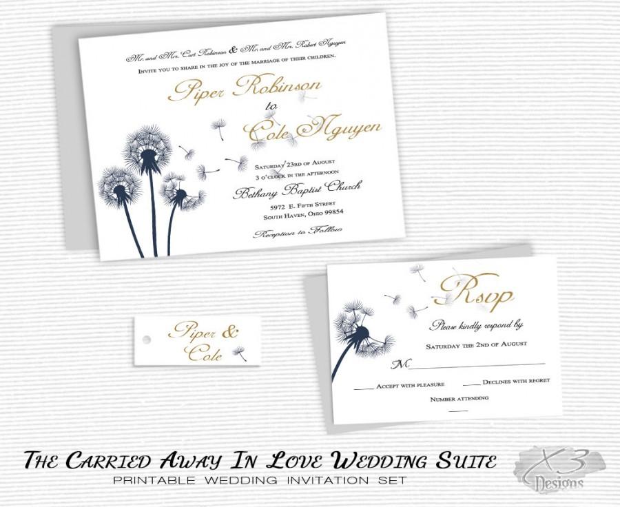 Mariage - Fall Rustic Wedding Invitation, Printable Country Barn Wedding Invite, Floral Summer Wedding Invitation w/ Navy Blue & Gold Dandelion DIY