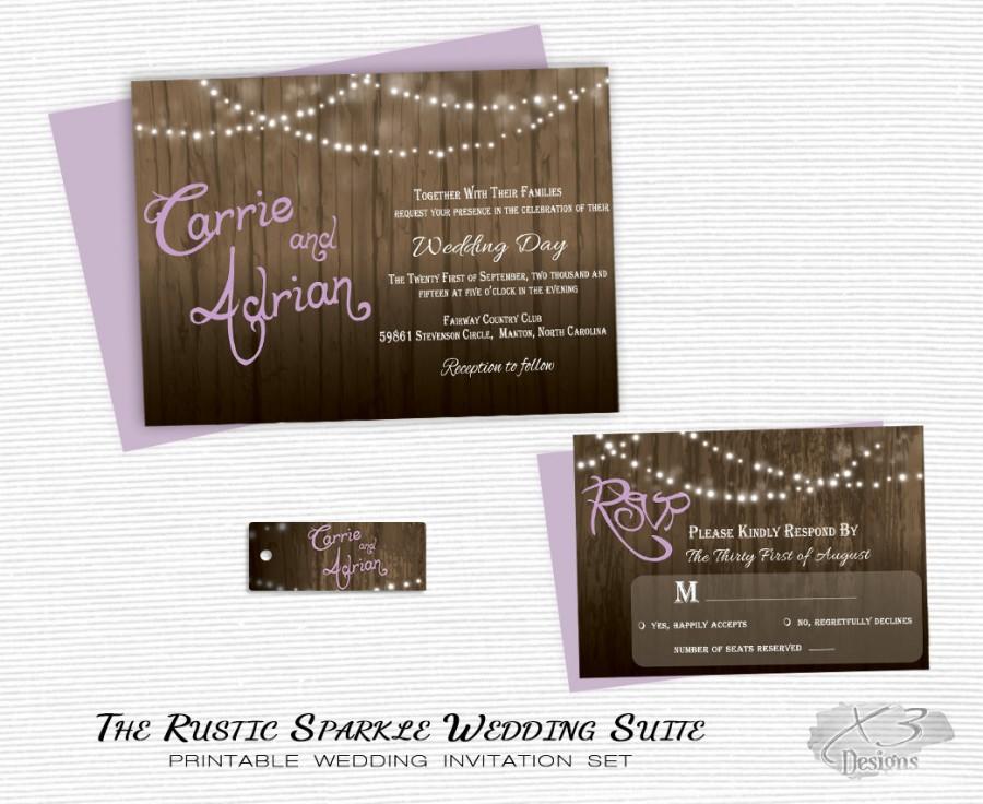 زفاف - Rustic Wedding Invitation, Printable Barn Wedding, Country Wedding Invite, Spring Backyard Wedding, String Lights, Purple, Wood Background