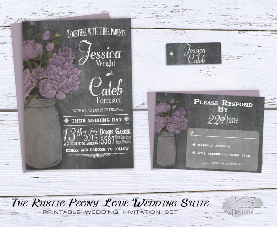 Hochzeit - Rustic Mason Jar Wedding Invitation Suite - Spring Chic Country Wedding Invitation with Lavender Peonies on Chalkboard DIY Printable Invite