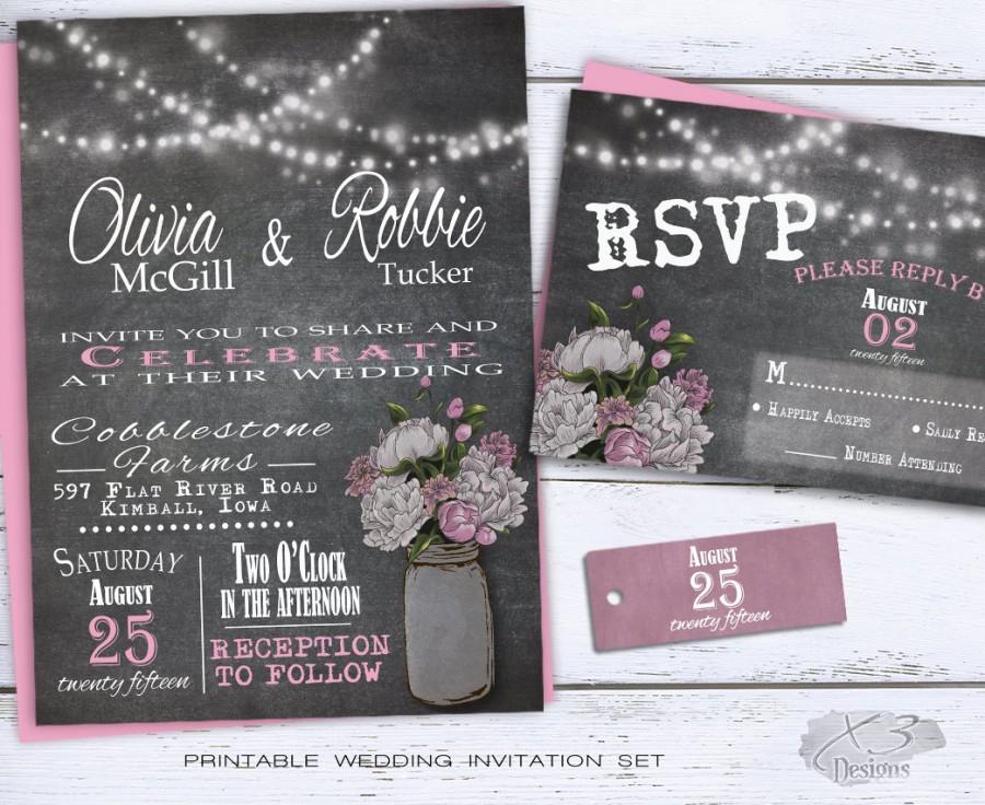 Свадьба - Mason Jar Chalkboard Wedding Invitation Set, Rustic Country Wedding Invite, Pink & White Peonies, Printable DIY String Light Barn Wedding