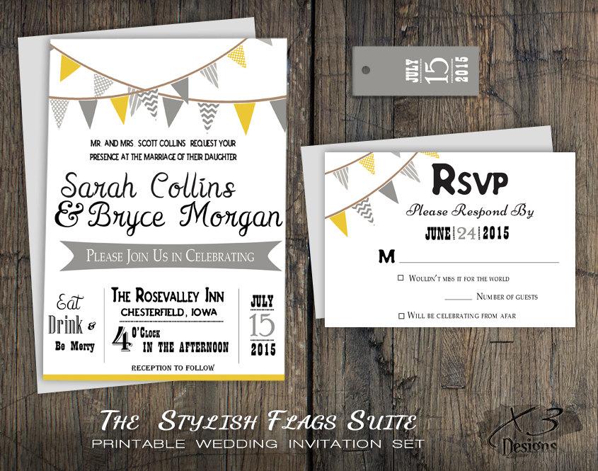 Hochzeit - Spring Rustic Barn Wedding Invitation Set, Printable DIY Country Wedding Invitation, Bunting Flags, Rustic Chic Outdoor Wedding, Gray and Yellow