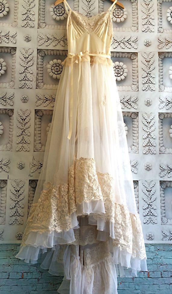 Wedding - Cream Ivory & Blush Lace Chiffon Crochet Asymmetrical Hem Boho Princess Tea Length Wedding Dress