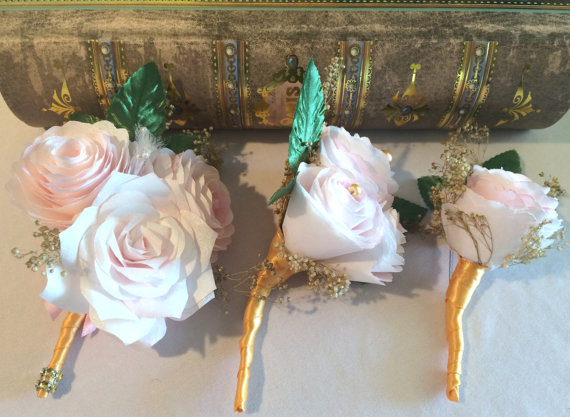 Свадьба - Blush paper Peony boutonniere and corsage with gold baby's breath and ribbon, Made in your choice of colors, Prom boutonniere and corsage