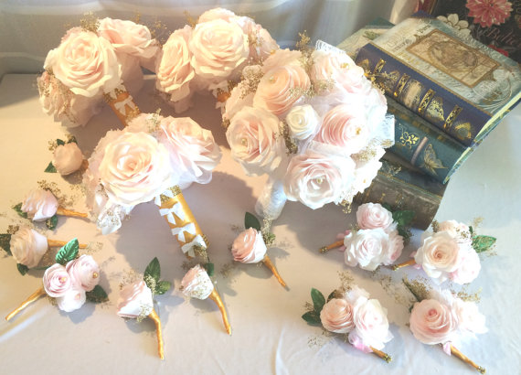 Wedding - Bridal party bouquet package in blush handmade paper Peonies and Roses with gold baby's breath, Cottage chic pink bouquets, Paper Bouquets
