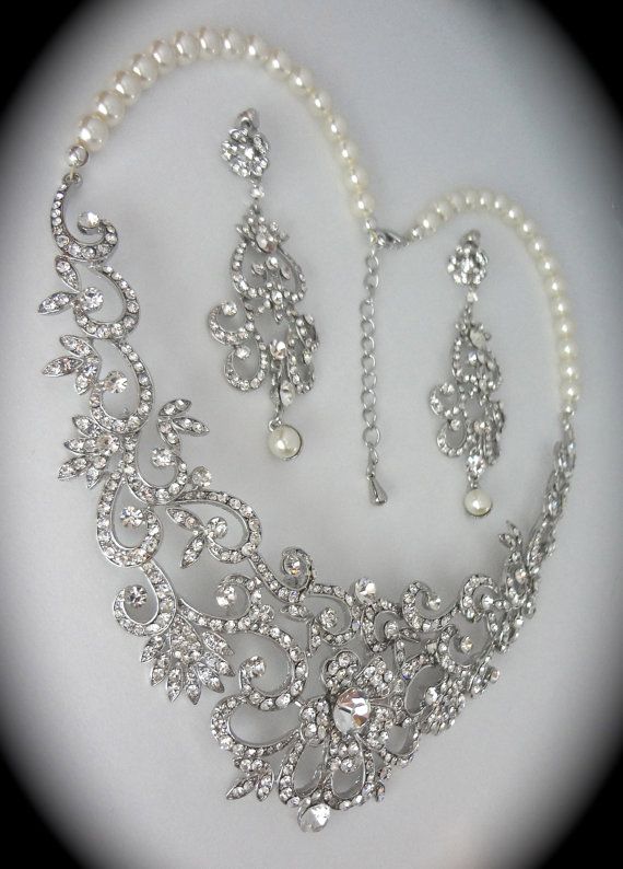 Wedding - Bridal Jewelry Set ~ Rhinestone And Pearl Necklace And Earrings Set ~ Statement Jewelry ~ Bib Necklace ~ Wedding ~ Pageant ~ ALEXIS