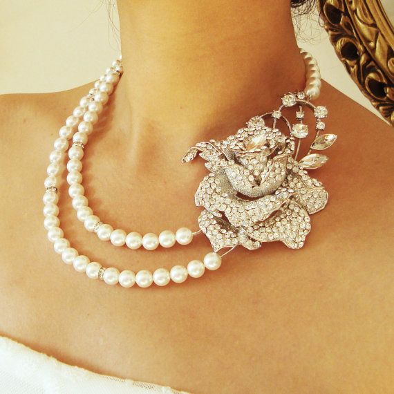 زفاف - Statement Bridal Necklace, Rhinestone Rose Bridal Jewelry, Pearl Wedding Necklace, Vintage Style Wedding Jewelry, Silver Rose, ROSEMARIE