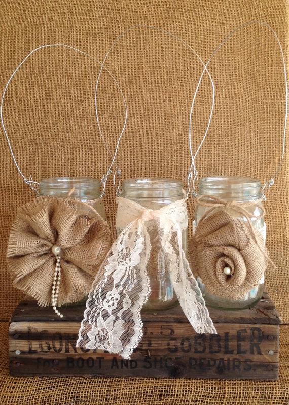 Hochzeit - Hanging Mason Jars, Ball jars, Flower Vases/Candle Votive , Burlap and Lace Mason Jars for Rustic Wedding Aisle Decorations