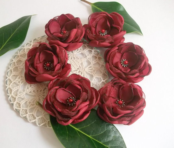 Hochzeit - Crimson Red fabric flowers in handmade, Christmas New Year Valentine hair accessory gift Red Weddings Bridesmaids hair shoe clip brooch, Set