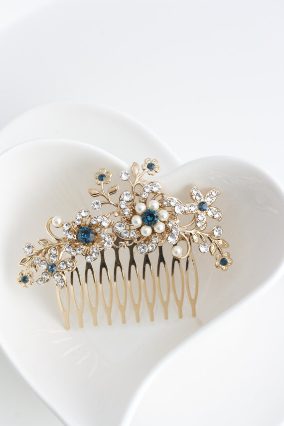 Свадьба - Wedding Comb Gold Bridal Hair Comb Something Blue Crystal Comb Flower Leaf Bride Hair Clip Montana Sapphire Rhinestone Hair Accessory SABINE