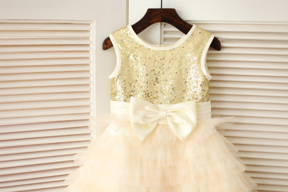 Mariage - Gold Sequin//Champagne Tulle Big Bow Cupcake Flower Girl Dress Children Toddler Party Dress for Wedding Junior Bridesmaid Dress