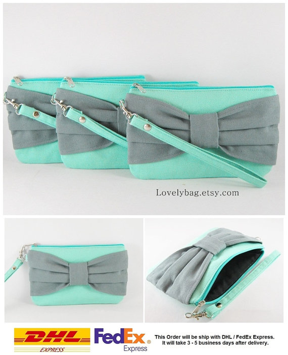 Hochzeit - SUPER SALE - Set of 7 Mint with Gray Bow Clutches - Bridal Clutches, Bridesmaid Wristlet, Wedding Gift, Zipper Pouch - Made To Order