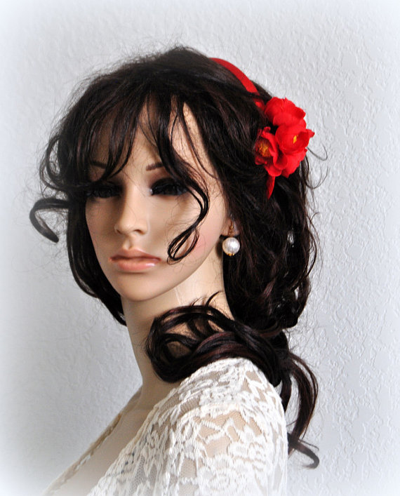 Mariage - Flamenco Red Gypsy Headband Bohemian Flower Bridal Hair Accessory Wedding Crown Headpiece Wreath Pastel White Rustic Flowergirl Headdress