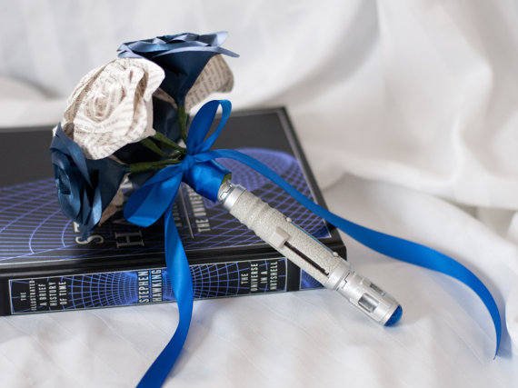 Wedding - Dr. Who Sonic Screwdriver Handled Paper/Book Page Flower Bouquet 7 Roses