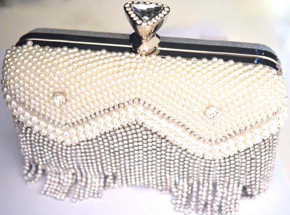 Hochzeit - Vintage Style Silver White Pearl Crystal Tassel Evening Clutch Bag Wedding Accessories