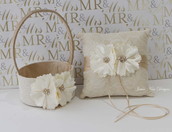 Свадьба - Laced Ring Bearer Pillow and Flower Girl Basket Set - (Custom Made)