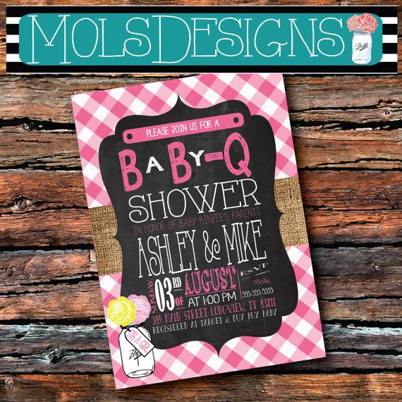 Mariage - Any Color CHALKBOARD BURLAP BABY Q Couples Pink Gingham Country Its a Girl Bbq Barbecue Surprise Birthday Bridal Shower Rehearsal Invitation