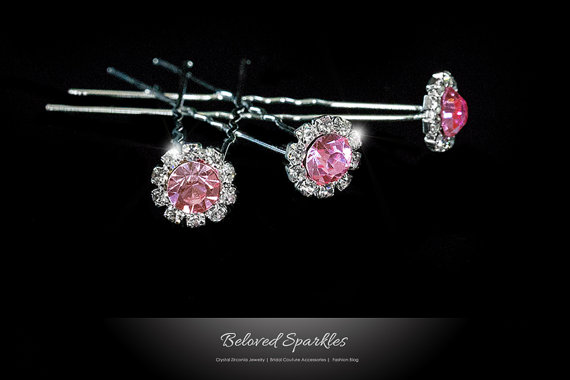 Hochzeit - Bridal Hair Pin, Pink Rhinestone Halo Cluster Wedding Hair Pin Vintage Flower Crystal Bridesmaid Flowergirl Hair Piece Pin Accessories
