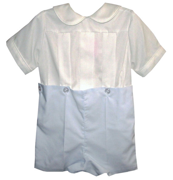 Свадьба - HEIRLOOM Boys Button On with Peter Pan Collar White Blouse and Blue Shorts