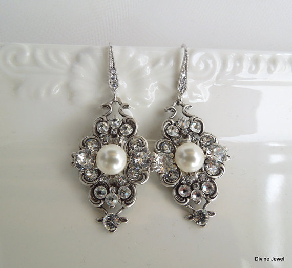 Mariage - Pearl Wedding Earrings,Wedding Jewelry,Crystal Bridal Earrings,Swarovski Crystal Earrings,Bridal Jewelry,Bridal Rhinestone Earrings,CLAUDE