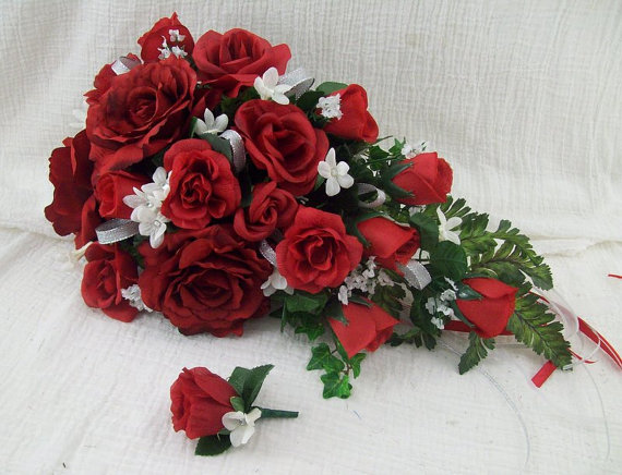Hochzeit - 2 Piece Red RoSeS CaSCaDe STyLe Wedding Bouquet  With Rinestone Stephonotis  Pretty Winter Bridal Bouquet and FREE Grooms Boutonniere