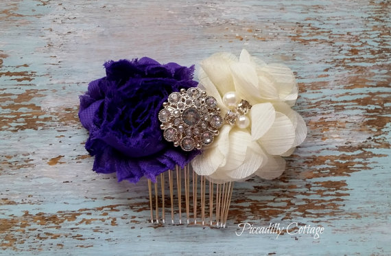 Свадьба - Bridal Hair Comb, Purple and Ivory Hair Clip, Wedding Hair Clip, Bridesmaid Hair Clip, CUSTOMIZE IT, Flower Girl Headband