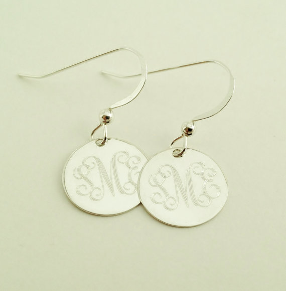 Wedding - Monogrammed Earrings in Sterling Silver for Bridesmaids, Women, Present