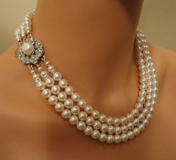 زفاف - Bridal Pearl Necklace Set 3 multi Strand pearls like  Jackie O in choice of color perfect  wedding jewelry sets