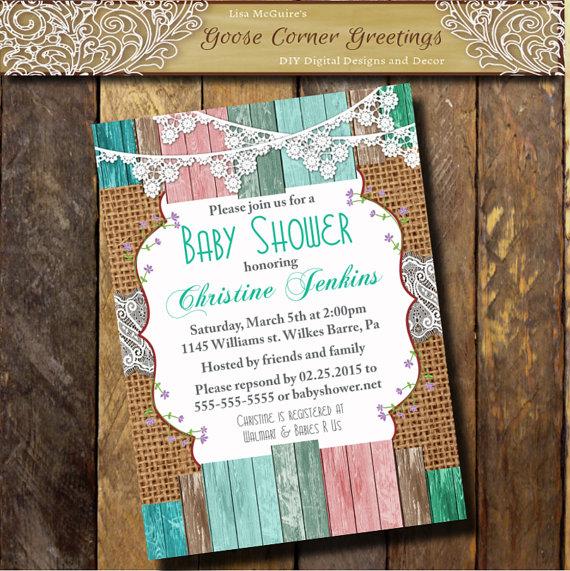 Wedding - Burlap Baby Shower Invitation Brunch lace wood Rustic Shabby Chic Rehearsal Dinner Wedding invitations Surprise any color pink teal