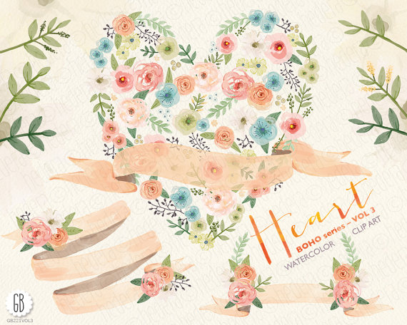 Wedding - Watercolor floral heart, ribbons, juliet roses, peonies, wedding flowers, laurels, poise, florals, floral clip art, watercolor invite, VOL.3