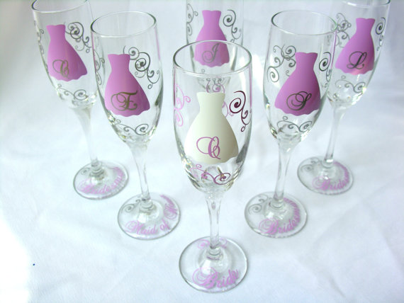 Hochzeit - Bride and Bridesmaids champagne flute glasses, Personalized Maid of honor and Bride flutes.  Choose your own quantity
