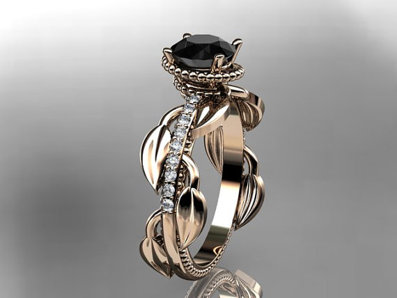 Wedding - Unique 14k rose gold diamond leaf and vine diamond engagement ring with black diamond center stone,ADLR231