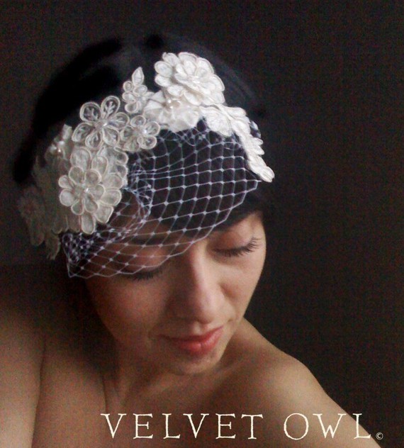 زفاف - Bridal headband hair band and detachable French Russian netting mini veil Ivory White or Champagne -LYDIA