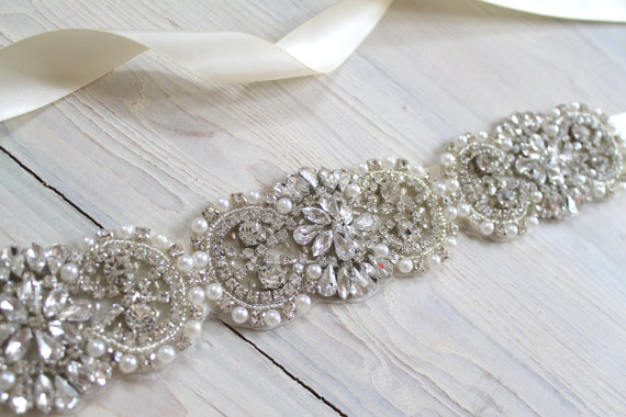 Wedding - Bridal beaded vintage style crystal pearl sash. Embellished rhinestone applique wedding belt. DUCHESS CRYSTAL  PETITE