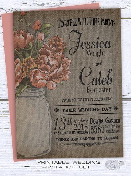 Hochzeit - Coral Rustic Mason Jar Wedding Invitation Suite - Floral Burlap Wedding Invitation with Pink Peonies - DIY Printable Summer Country Invite