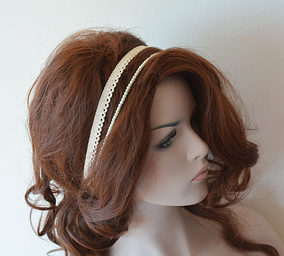 Wedding - Rustic Lace Wedding Headband, Double Lace Headband, Ivory Lace Headband, Bridal Hair Accessory, Rustic Wedding Hair Accessory