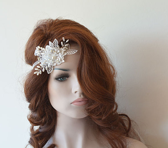 Свадьба - Ivory Bridal Lace Headband, Rhinestone and Pearl Headpiece, Lace Bridal Headband, Bridal Hair Accessory, Wedding Hair Accessories