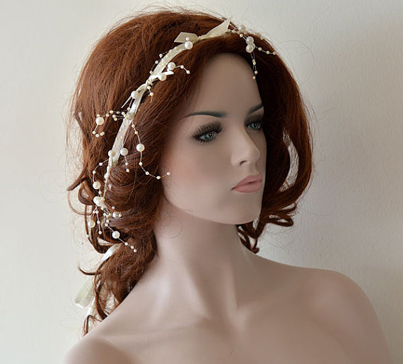 زفاف - Wedding Pearl headband, Pearl tie headband, for weddings with ivory flowers, bridal hair accessory, Bridesmaid , Flower Girl Headband