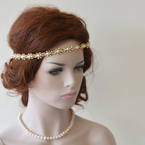 Hochzeit - Wedding headband, Bridal Headband, Bridal Hair Accessory, Gold Rhinestone and Pearl Headband, Wedding hair Accessory