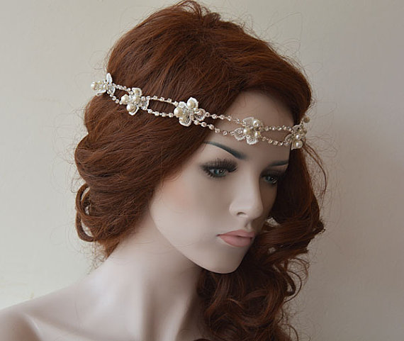 زفاف - Rhinestone and Pearl headband, Wedding Headband, Bridal Hair Accessory, Lace Wedding Head Piece, Wedding Hair Accessories