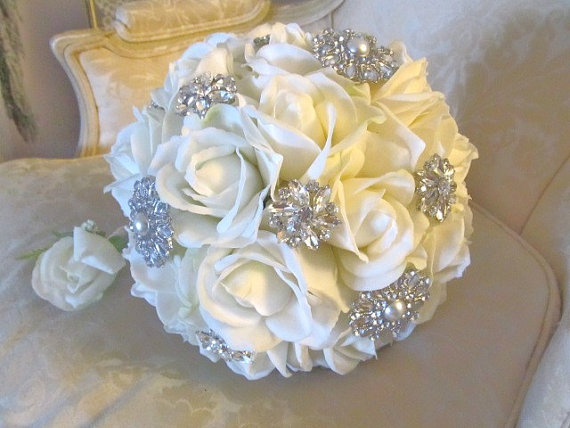 Wedding - Ivory real touch rose wedding bouquet with rhinestone brooches, bridal bouquet