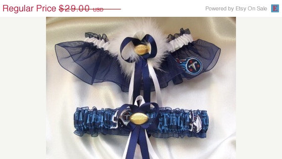 Mariage - SALE Handmade Wedding Garter Set with Tennessee Titans Fabric with Marabou Pouf