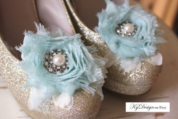 Wedding - Cyan blue and Ivory, chiffon shoe clips with pearl/rhinestone center