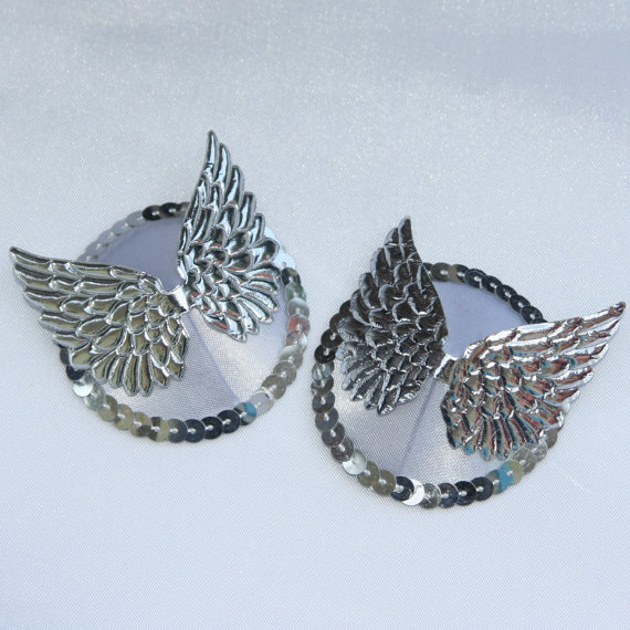 Hochzeit - ANGEL Silver & White Satin Wing Nipple Pasties Covers Burlesque