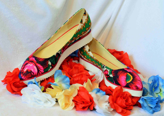 زفاف - Ballerinas Flower print shoes Low heels flats ballerinas Wedding embroidery flower flats