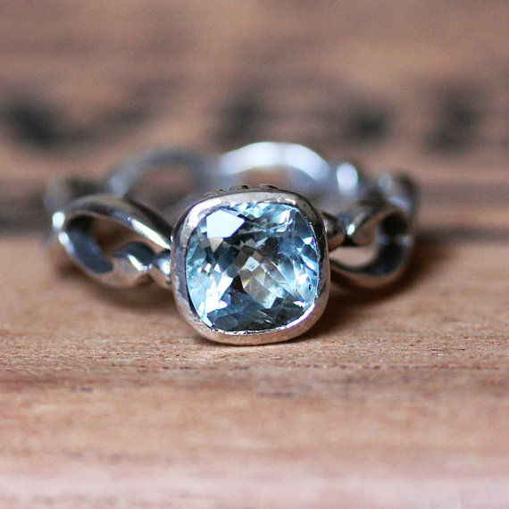 Mariage - White gold Aquamarine engagement ring - bezel engagement ring - March birthstone - white gold infinity ring - ready to ship sz 7- Wrought