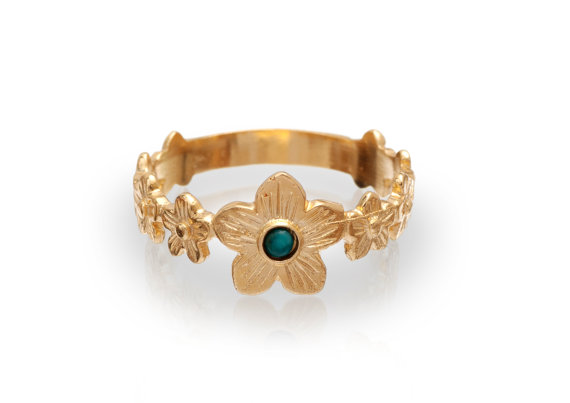 زفاف - Gold Flowers Ring - Emerald Ring - May Birthstone Ring - 18K Gold Plated Flower Band Ring - Daisies Tiara Ring - Wedding Jewelry XMAS Gift