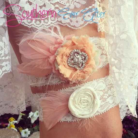 زفاف - Spring Easter Garter Set / Wedding garter / bridal garter/ lace garter / Something Blue wedding garter / vintage inspired / Shabby garte